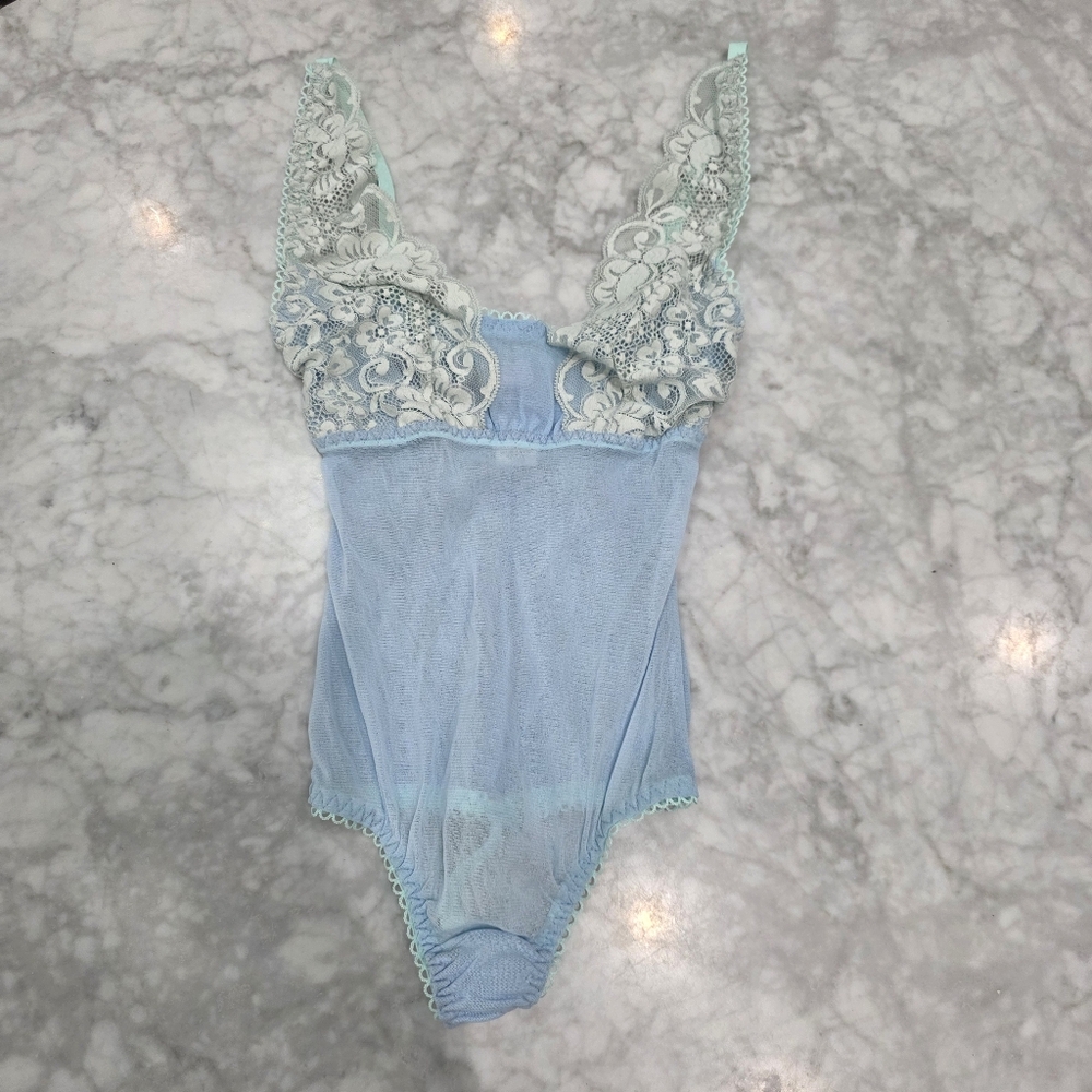 NWOT Baby Blue Lace Mesh We‎ Are HAH Bodysuit XS